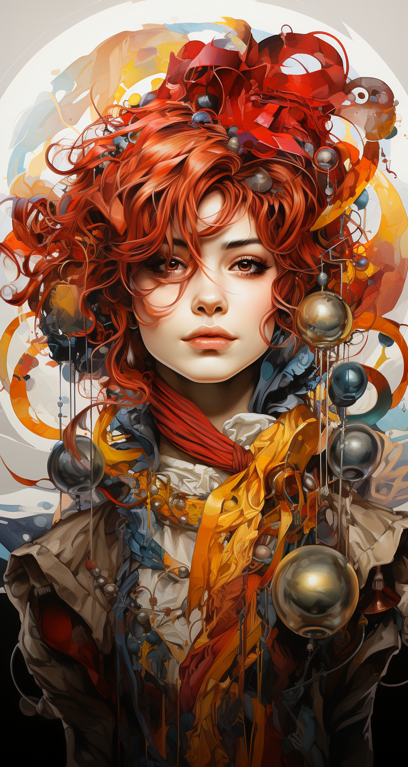 Midjourney prompt: a woman dressed as a clown with red hair, in the s... - Midjourney