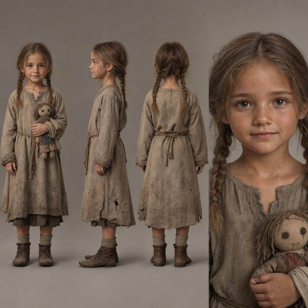 AI generated: ChatGPT Image prompt: Character sheet. Young peasant girl, 6-7 years ol... (ChatGPT Image - Portraits)