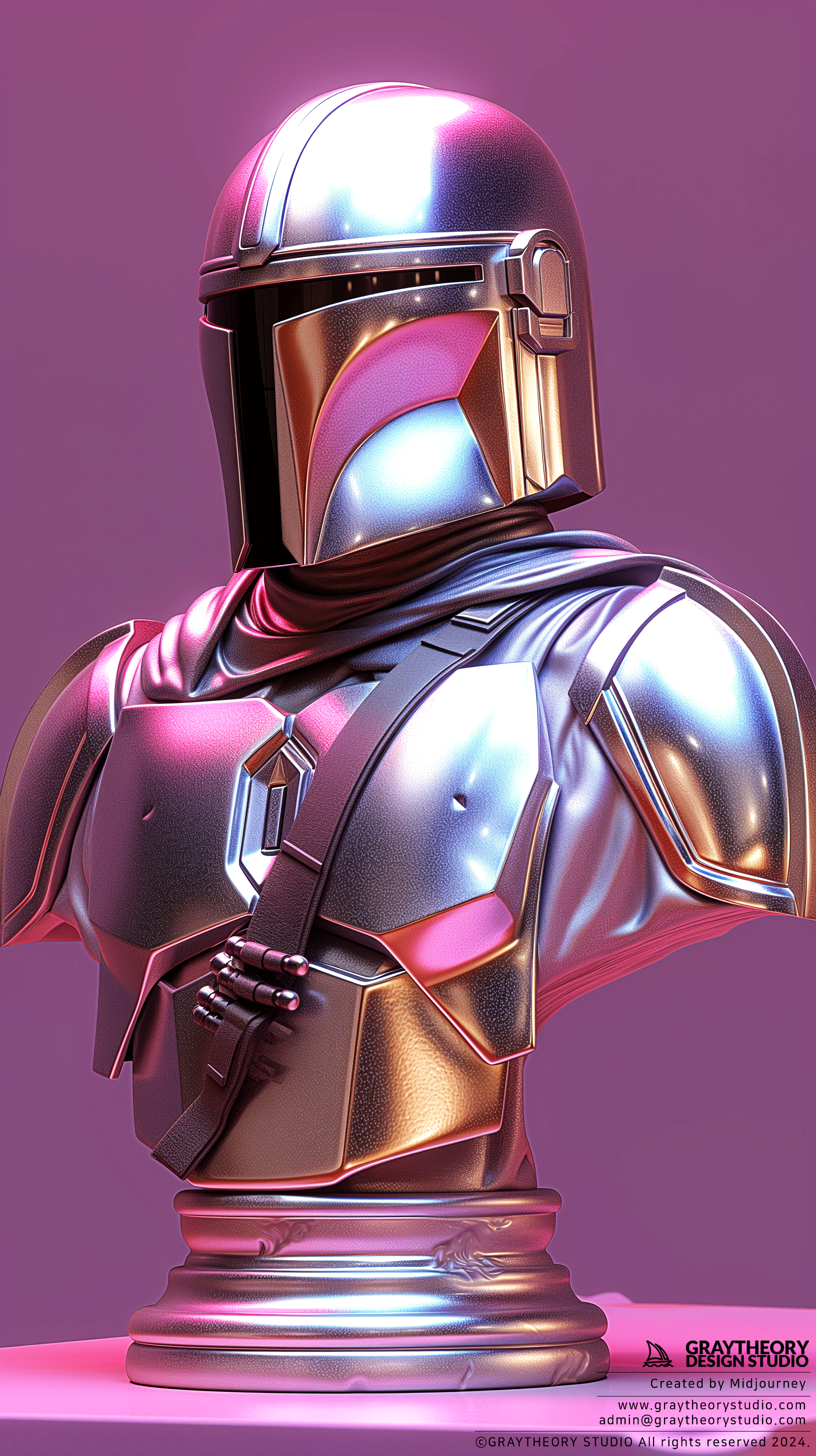 AI generated: Midjourney prompt: Mandalorian, bust, side view, silver color, sleek,... (Midjourney - 3d Renders)