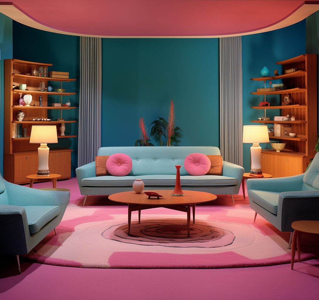صورة مولدة بالذكاء الاصطناعي: Midjourney prompt: a living room with pink walls, in the style of tex... (نموذج Midjourney - تصميم داخلي)