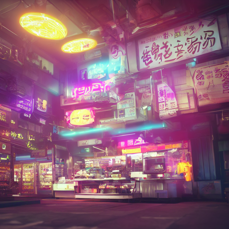 AI generated: Stable Diffusion prompt: futuristic tempura food, night, japanese, neon lig... (Stable Diffusion - Landscapes)