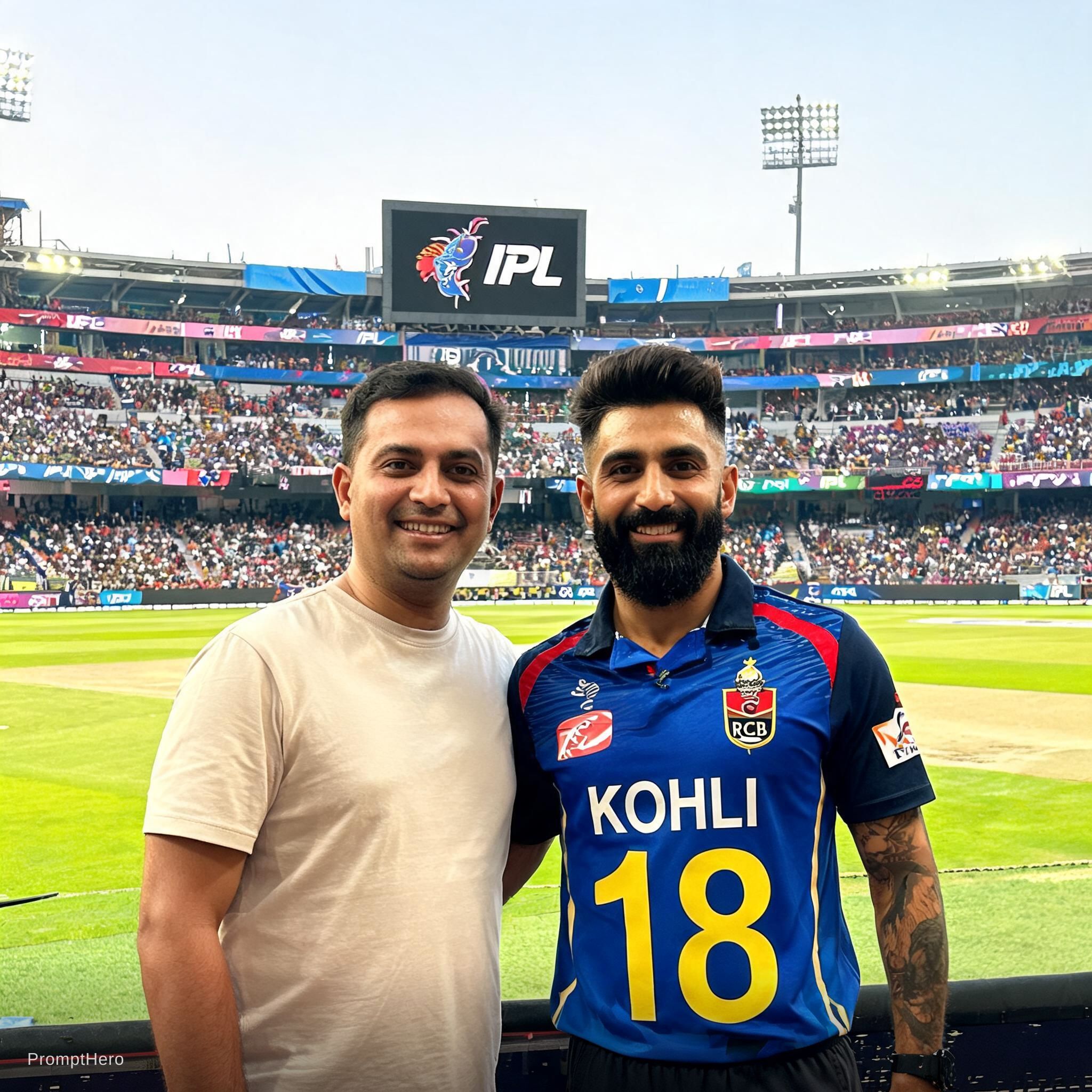 AI generated: Seedream 5 prompt: The man standing beside virat KOHLI and background... (Seedream 5 - Portraits)
