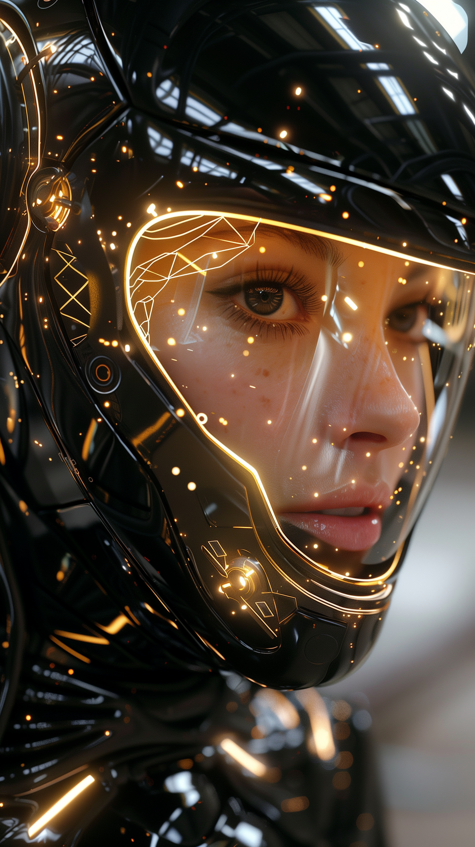 AI generated: Midjourney prompt: woman wearing a cyberpunk style shiny black helmet... (Midjourney - Portraits)