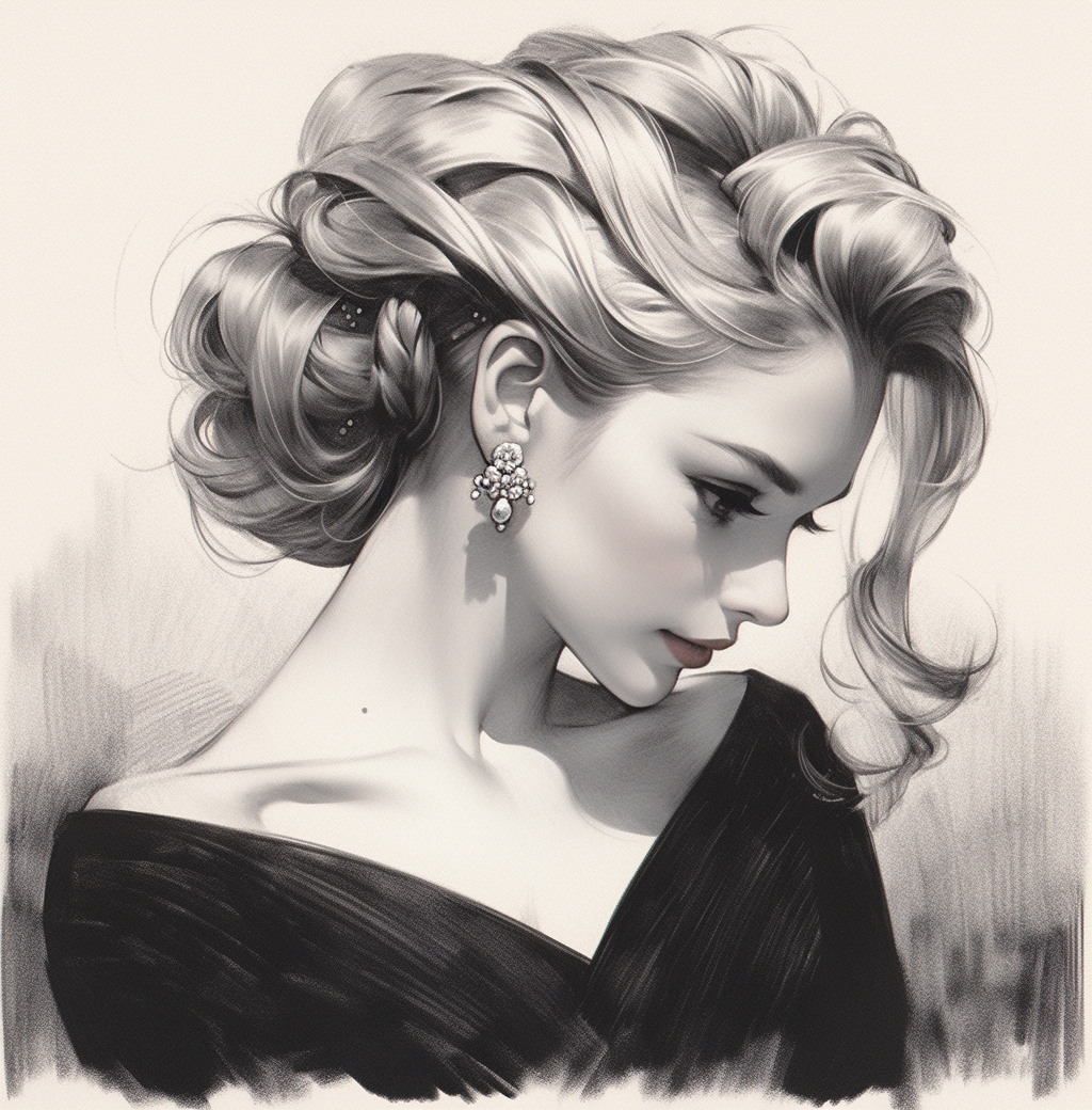 AI generated: Midjourney prompt: the drawing shows a woman with hair in an updo, in... (Midjourney - Portraits)