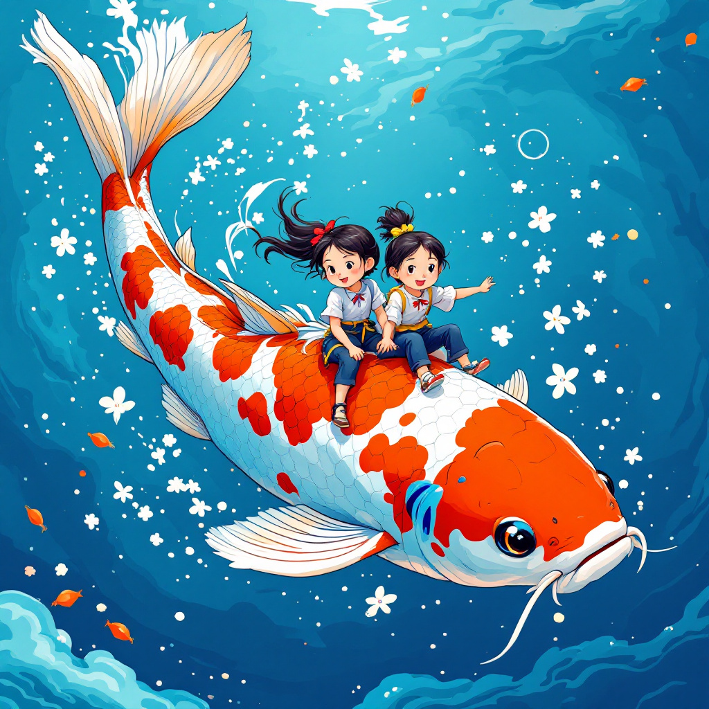FLUX prompt: a cartoon of a two girls riding a koi fish,