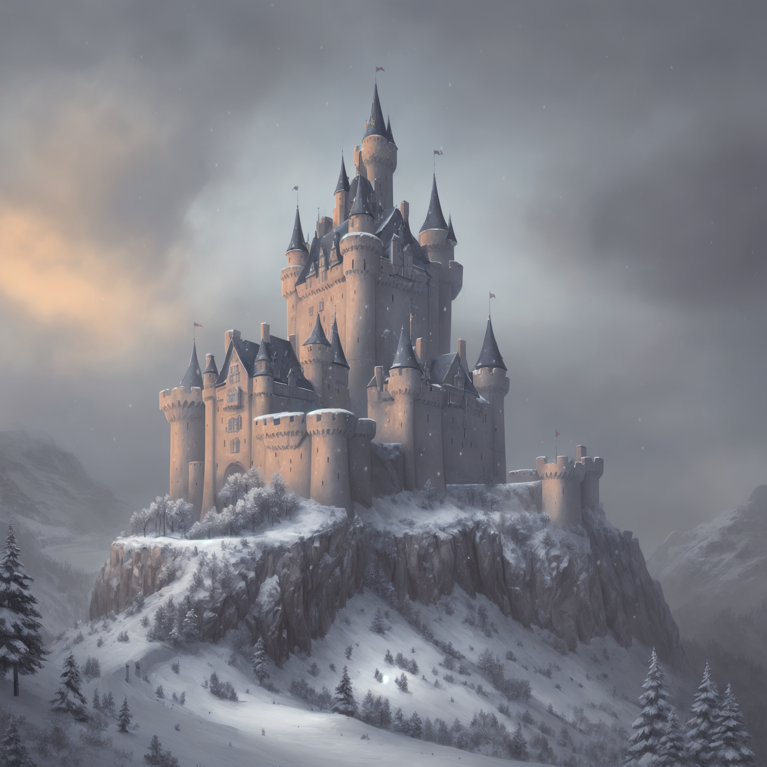 صورة مولدة بالذكاء الاصطناعي: DucHaitenAIart prompt: a detailed digital painting of a castle in a snowy (نموذج DucHaitenAIart - عمارة وتصميم)