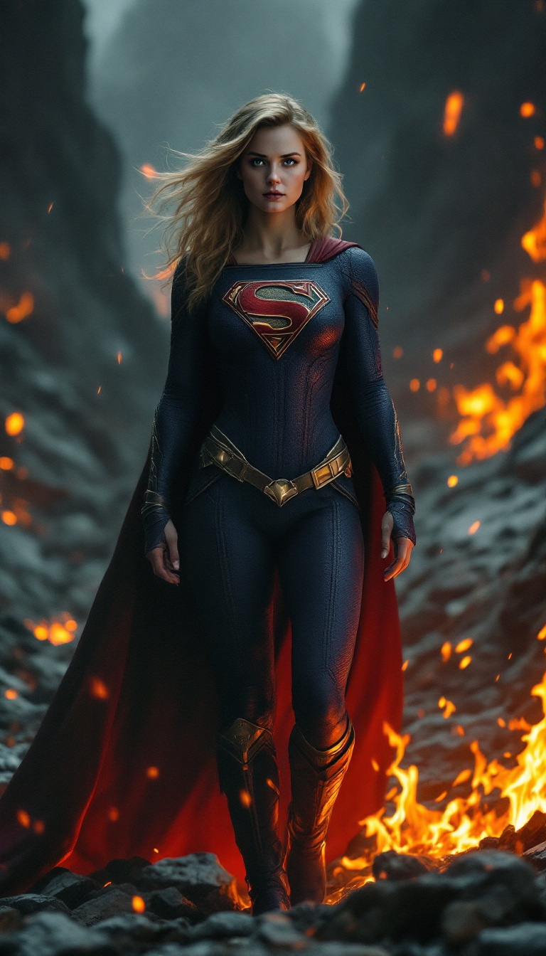 صورة مولدة بالذكاء الاصطناعي: FLUX prompt: Envision a fully body portrait of a supergirl ris... (نموذج FLUX - صور شخصية)