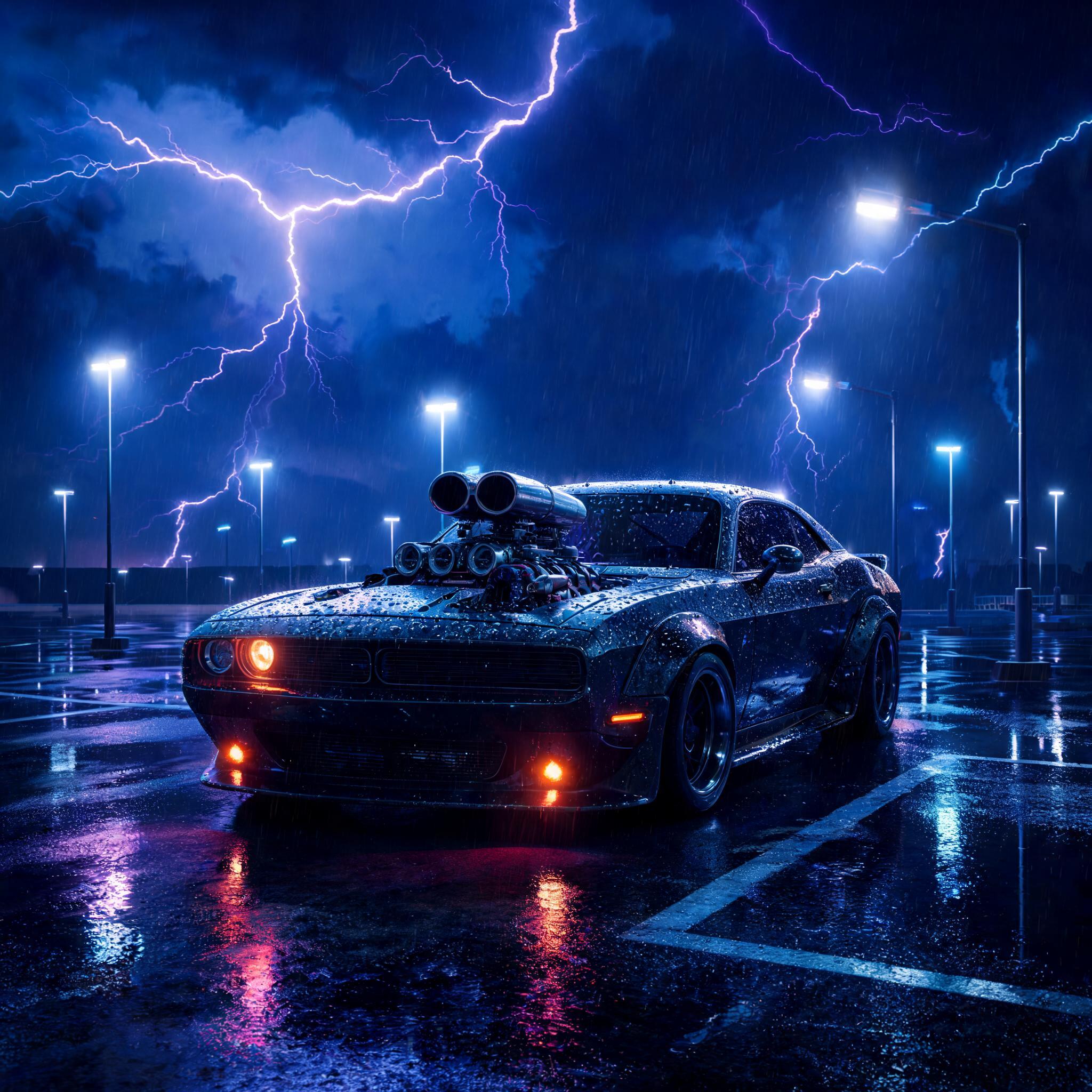 صورة مولدة بالذكاء الاصطناعي: Seedream 5 prompt: Very far in the future muscle car with an enormous... (نموذج Seedream 5 - فن مفاهيمي)
