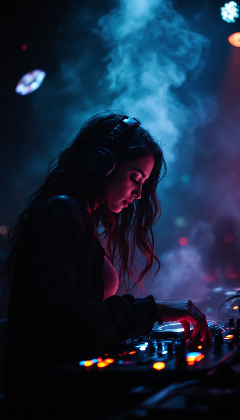 Fludj FLUX prompt: ESTABLISHING SHOT: INSIDE LATE-NIGHT dj perf...