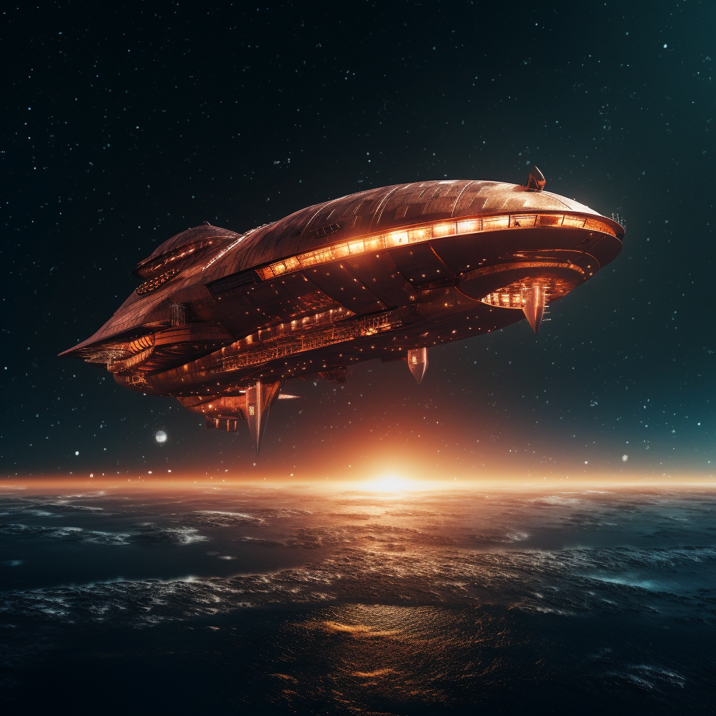 صورة مولدة بالذكاء الاصطناعي: Midjourney prompt: spaceship shaped like a metallic airship, flying o... (نموذج Midjourney - 3d Renders)