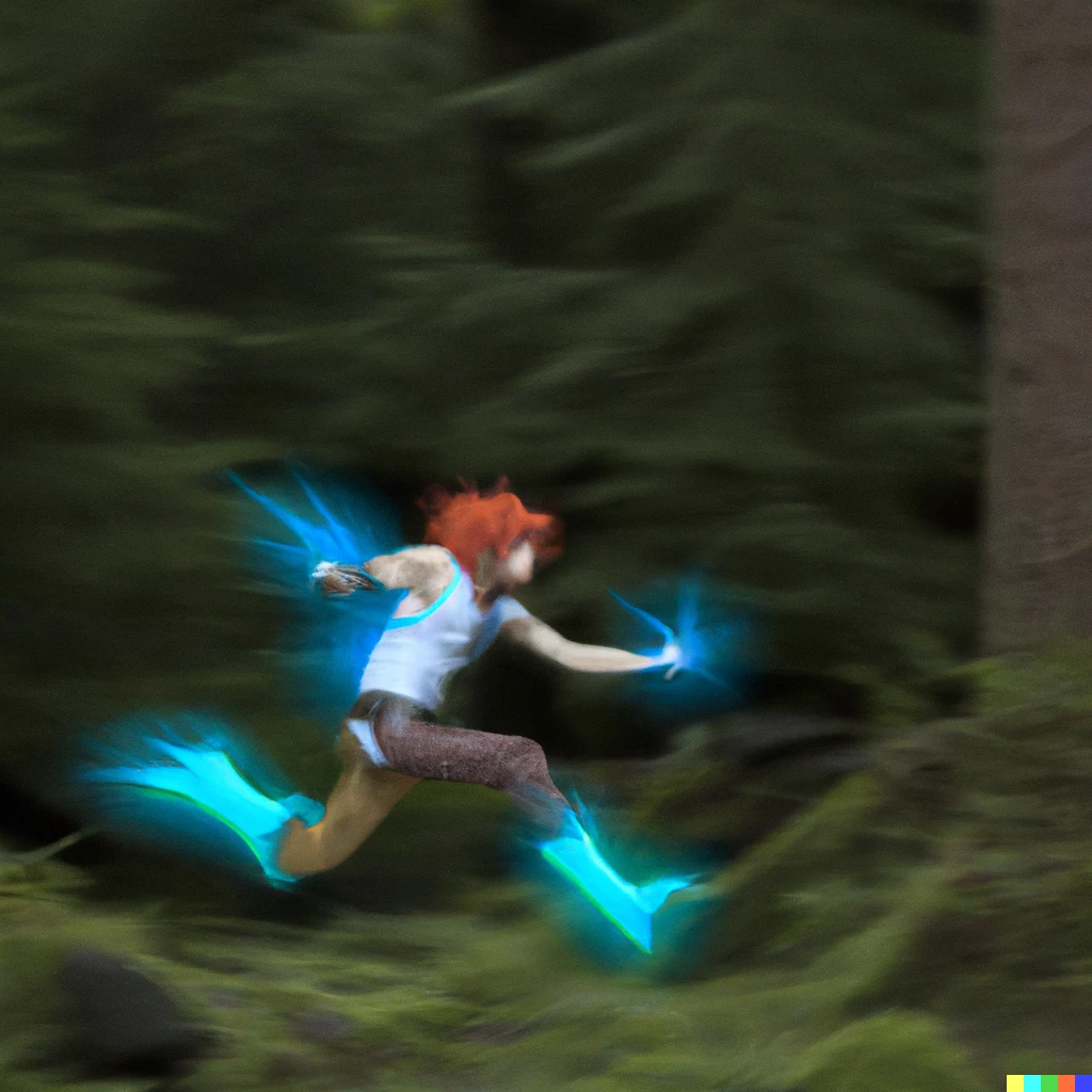DALL-E prompt: elf runing so fast on the forest with a bl...