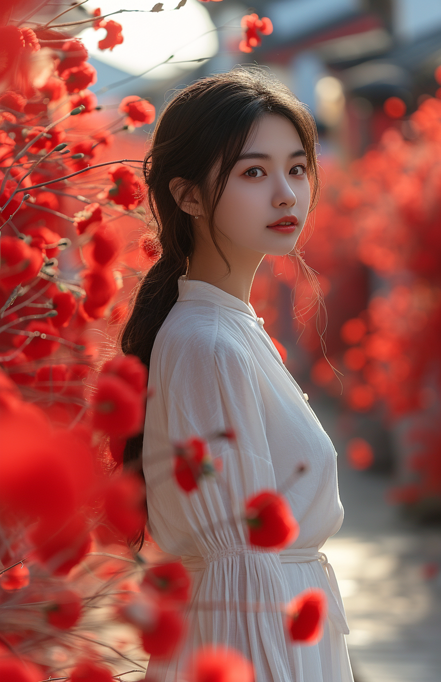 Midjourney prompt: girl stands in a street surrounded by red flowers,... - Midjourney