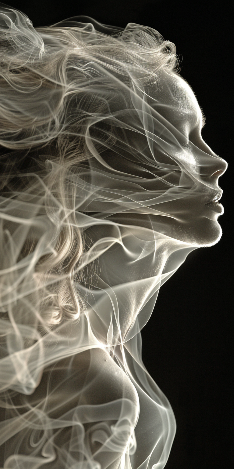 Midjourney prompt: A woman made of smoke, in an elegant pose with hai... - Midjourney