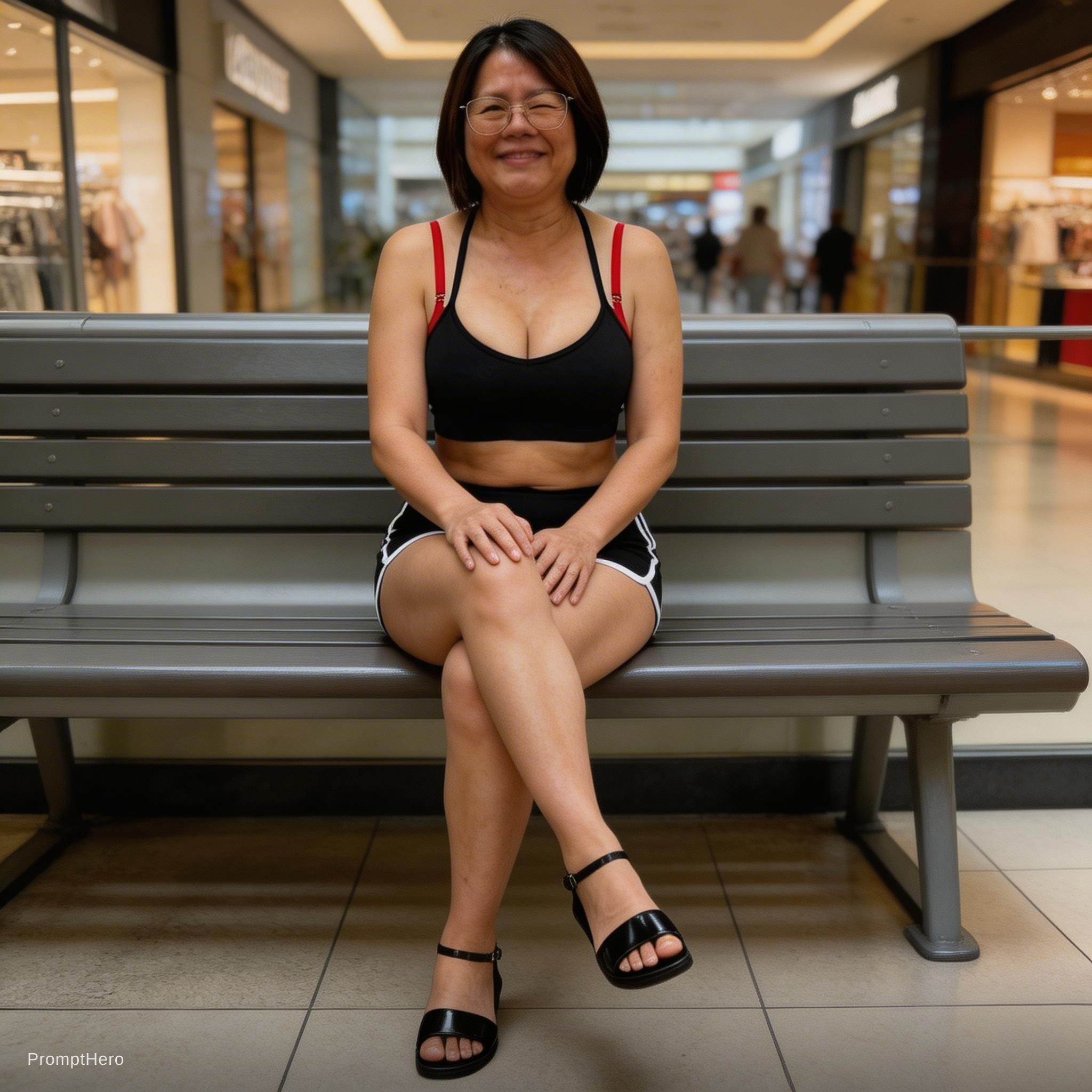 صورة مولدة بالذكاء الاصطناعي: Seedream 5 prompt: she is in a mall bench sitting and her legs are cr... (نموذج Seedream 5 - فن مفاهيمي)