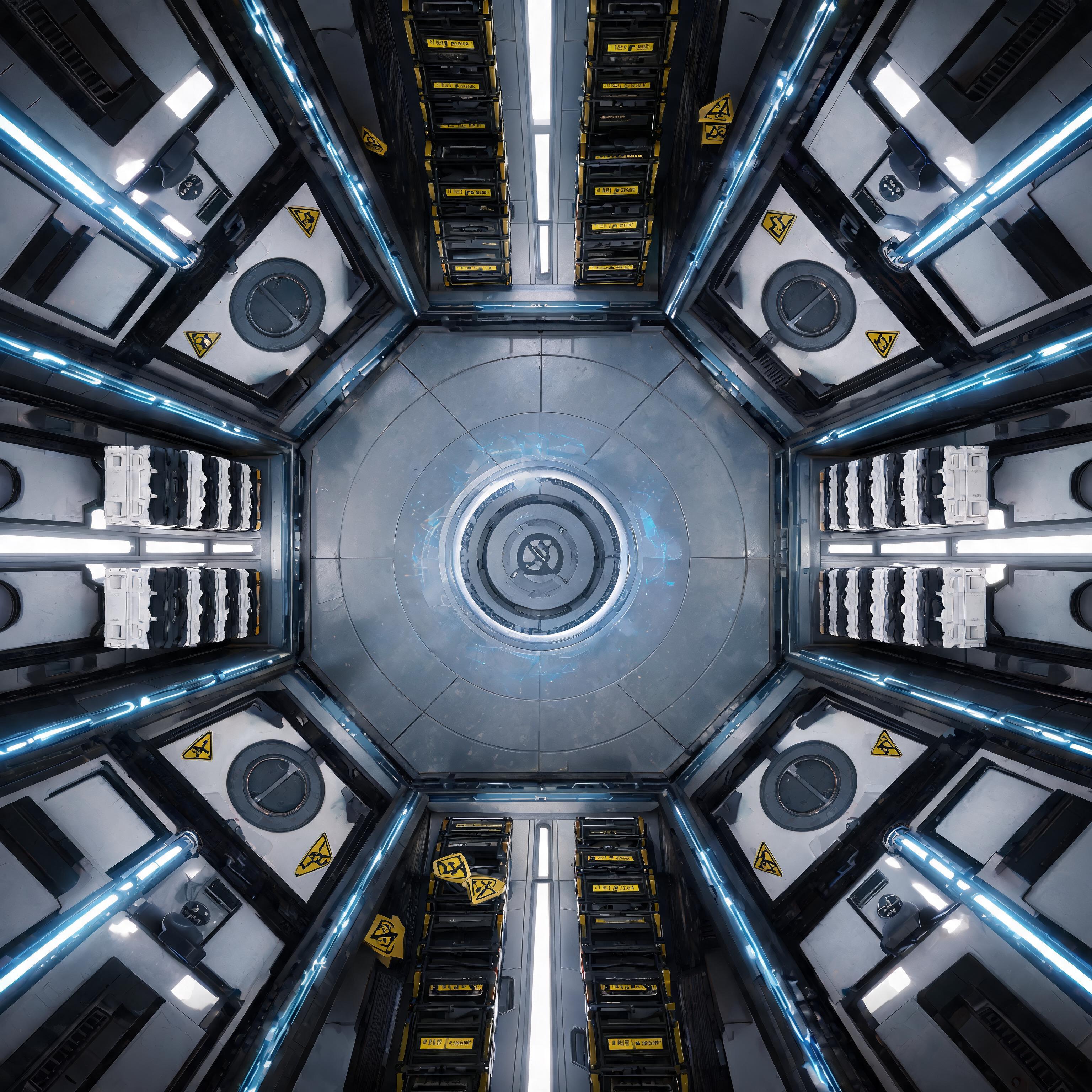 صورة مولدة بالذكاء الاصطناعي: Seedream 5 prompt: Top-down schematic cinematic render of a futuristi... (نموذج Seedream 5 - تصميم داخلي)