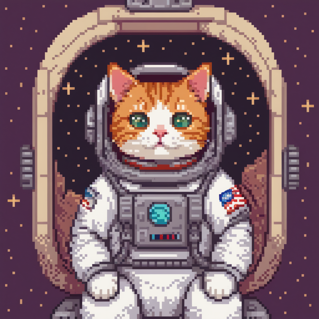 صورة مولدة بالذكاء الاصطناعي: Stable Diffusion prompt: Cute cat in astronaut suite space, SAI Pixel Art (نموذج Stable Diffusion - فن مفاهيمي)