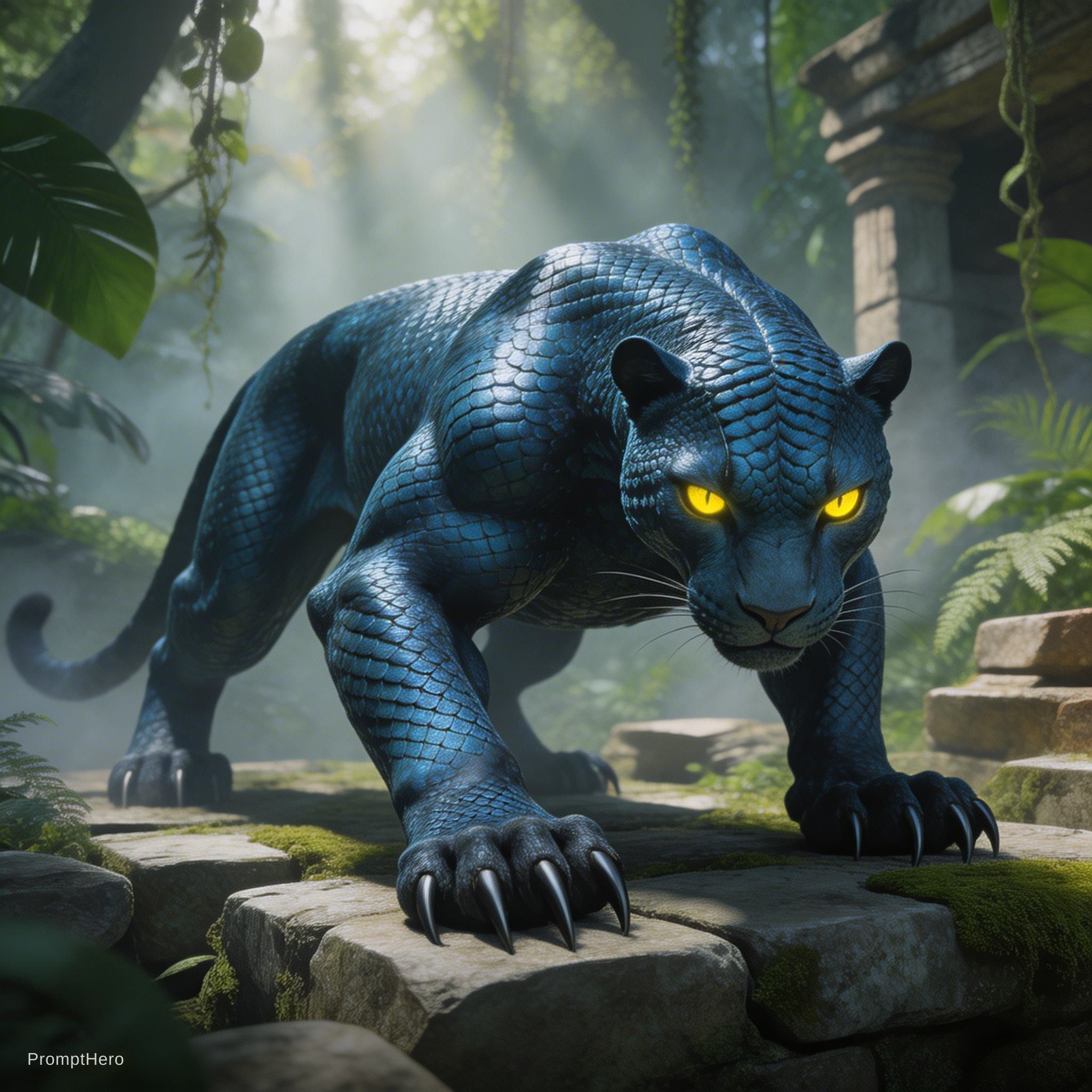 صورة مولدة بالذكاء الاصطناعي: Seedream 5 prompt: a sleek blue-scaled panther-like creature with rep... (نموذج Seedream 5 - فن مفاهيمي)