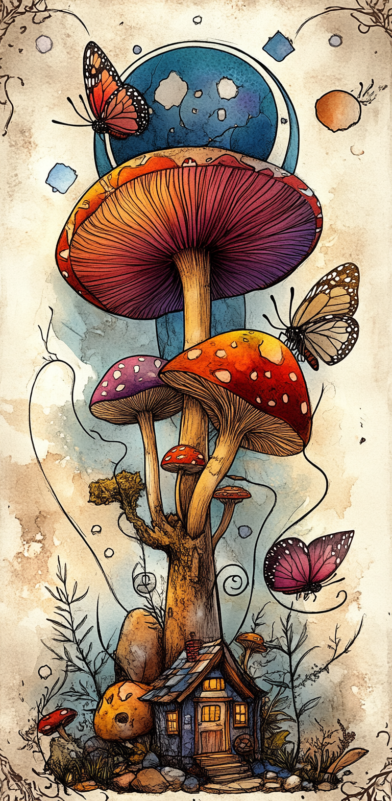 Midjourney prompt: A psychedelic watercolor illustration of mushrooms... - Midjourney