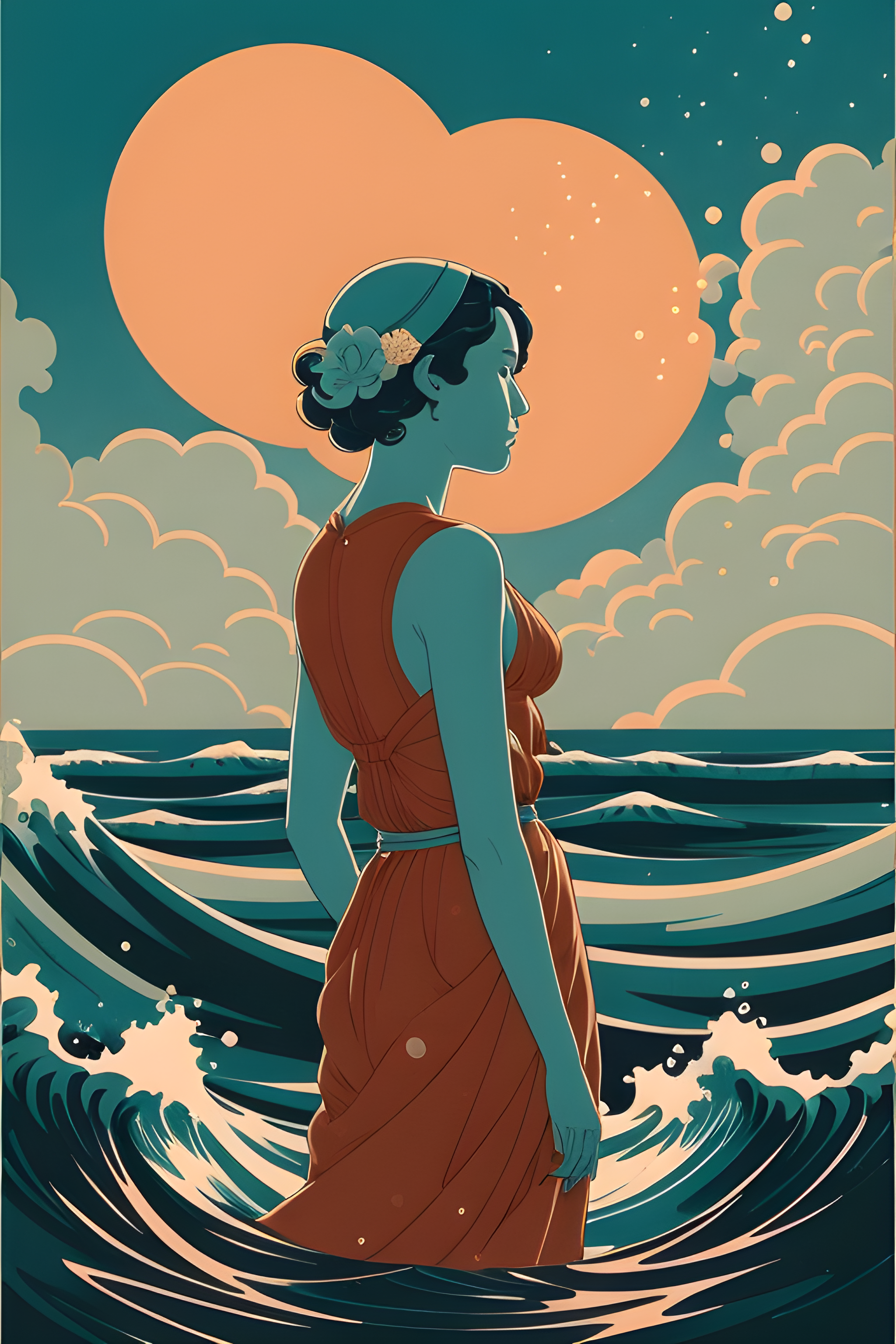 DreamShaper prompt: a close up of a person standing in the water with ... - DreamShaper