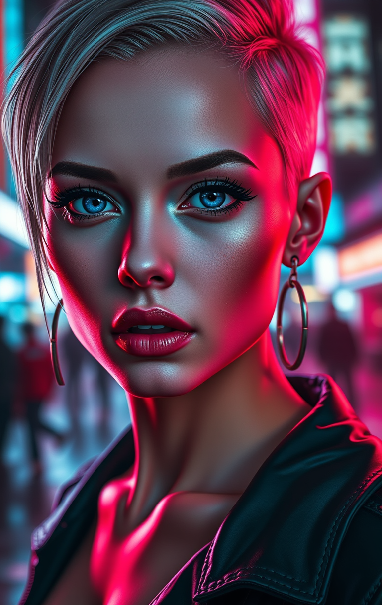 FLUX prompt: beautiful pale cyberpunk female with heavy black e... - FLUX
