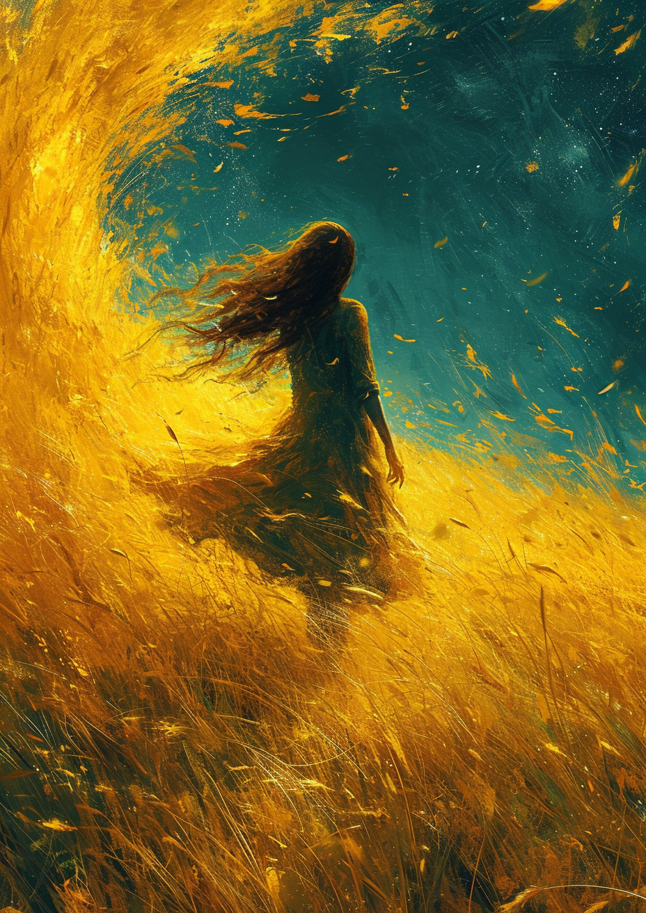 Midjourney prompt: a girl walking through a field, in the style of et... - Midjourney