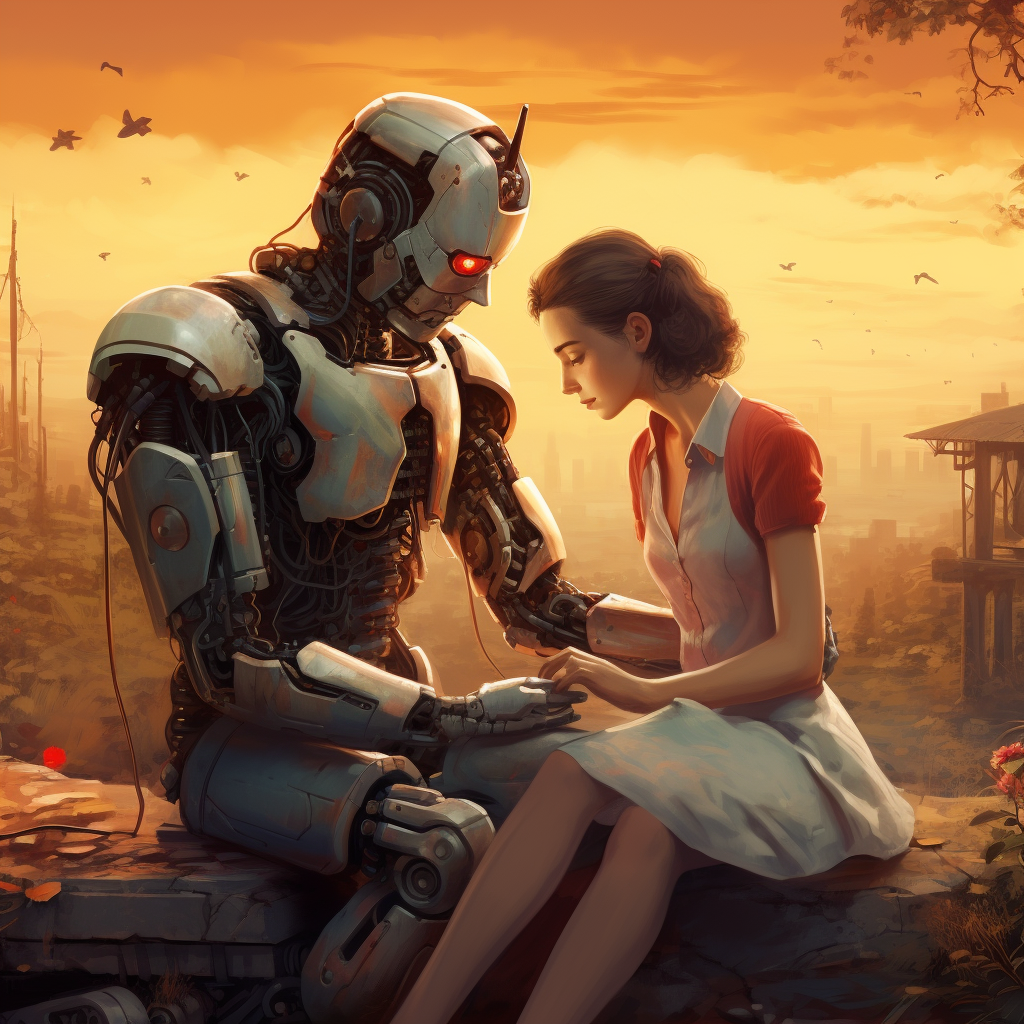 صورة مولدة بالذكاء الاصطناعي: Midjourney prompt: A robot falls in love with a human. (نموذج Midjourney - أنمي)