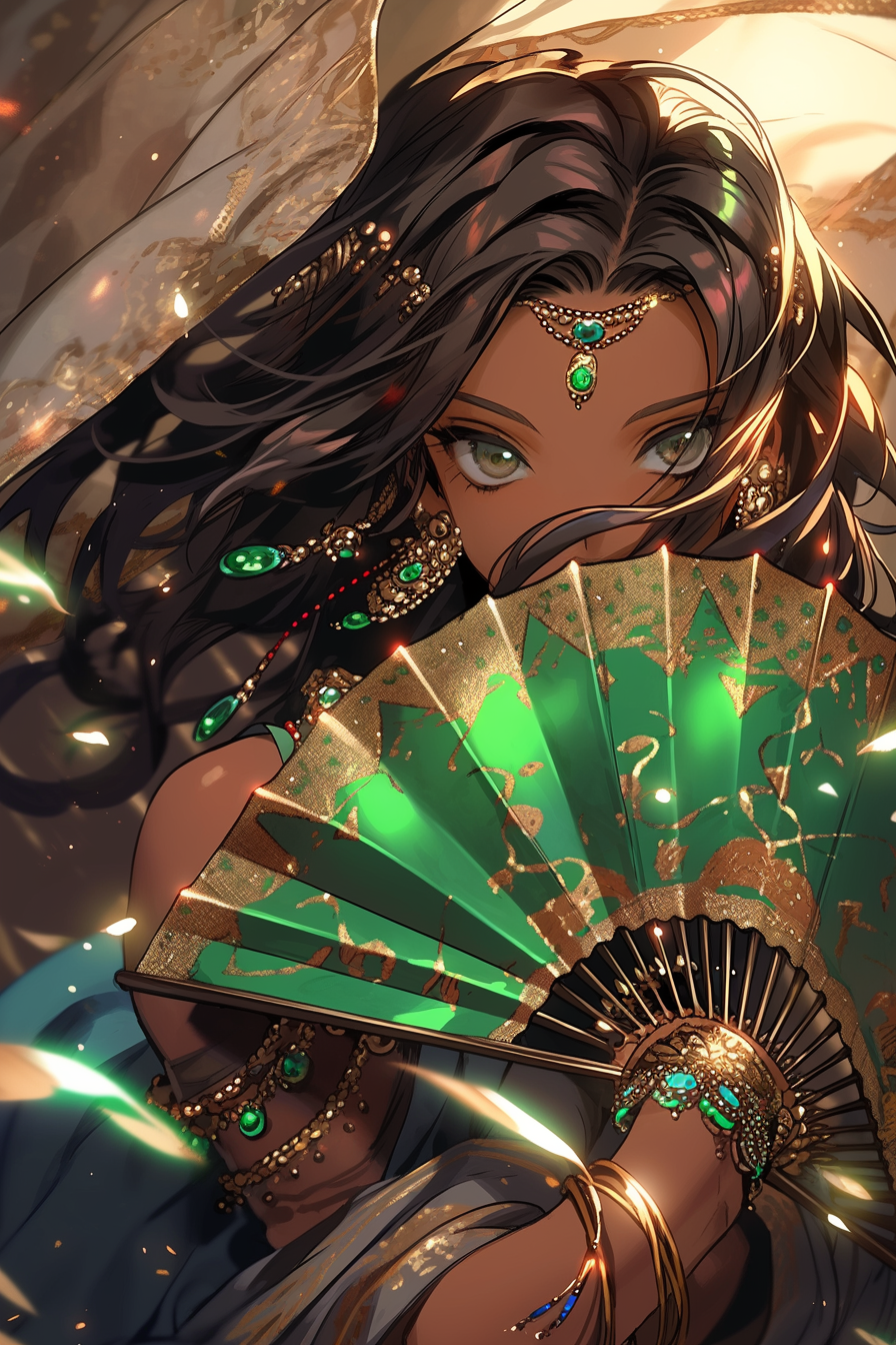 Midjourney prompt: A fierce female manga character in a jeweled neckl... - Midjourney