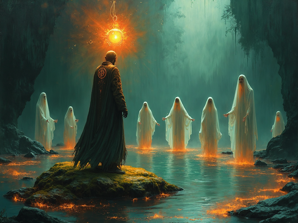 AI generated: FLUX prompt: An abstract, mystical painting of a man standing ... (FLUX - Character Design)