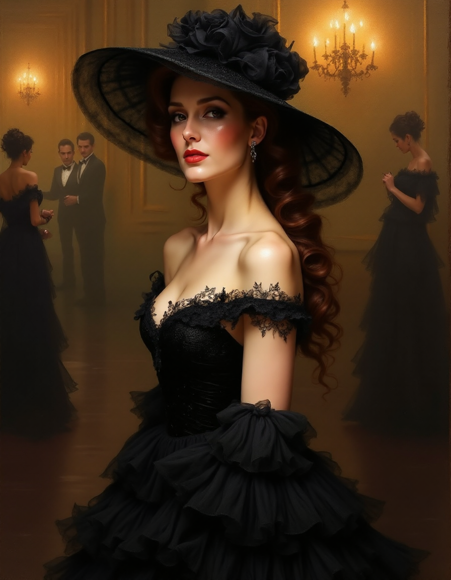 AI generated: FLUX prompt: An elegant woman in a black dress and hat at a pos... (FLUX - Fashion)