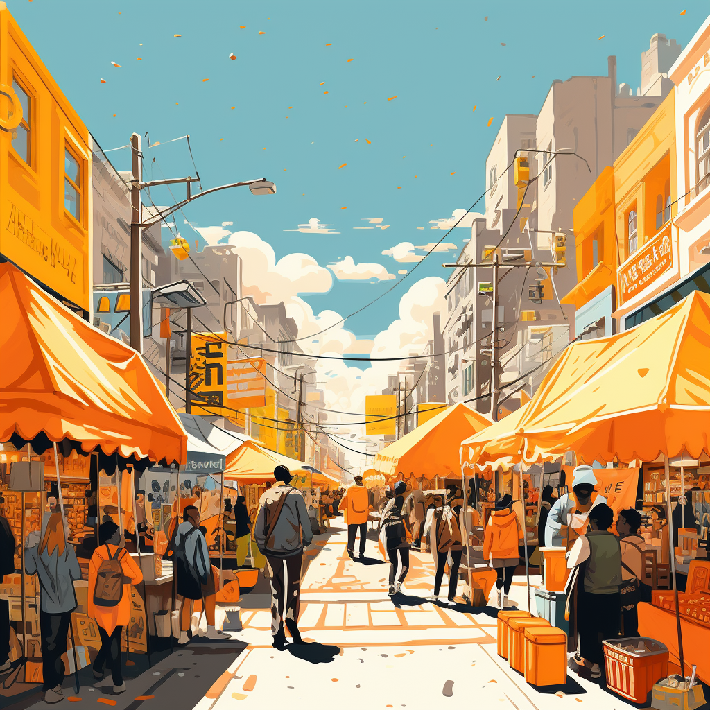 Midjourney prompt: A vibrant illustration of a bustling street market... - Midjourney