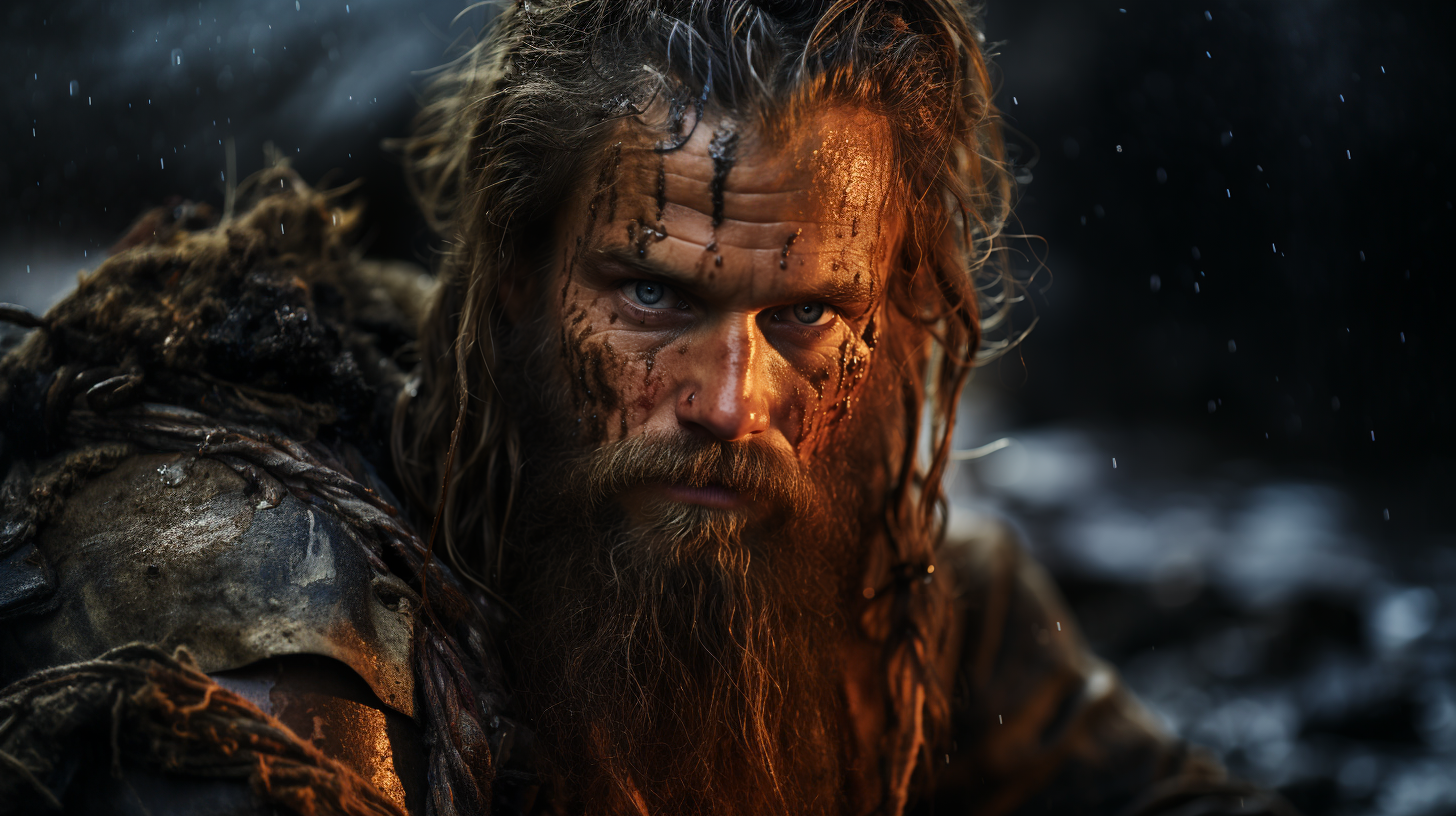 صورة مولدة بالذكاء الاصطناعي: Midjourney prompt: Subject: A fierce viking warrior in the midst of b... (نموذج Midjourney - صور شخصية)
