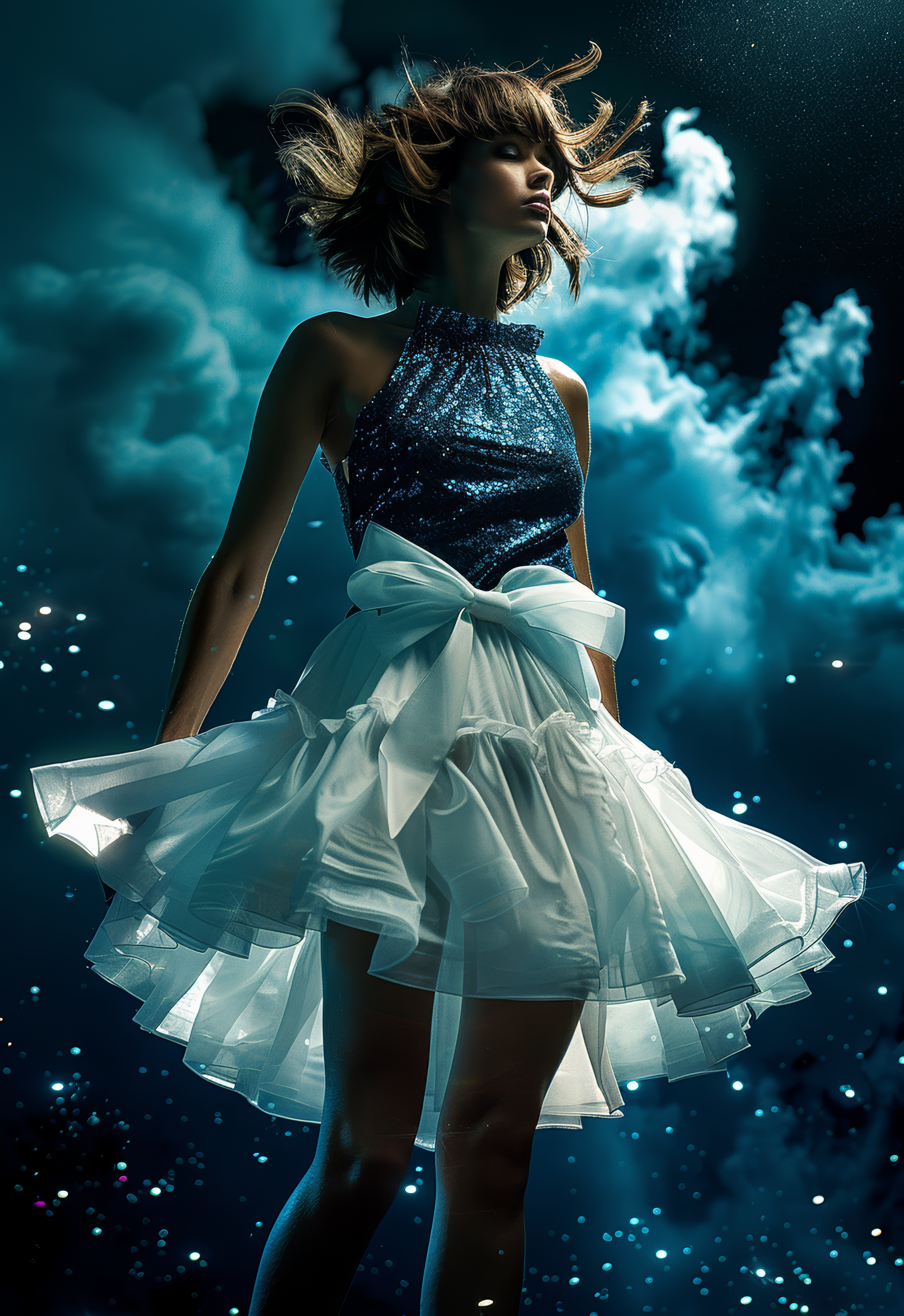 Midjourney prompt: the lady wears a top and skirt with a big bow, in ... - Midjourney