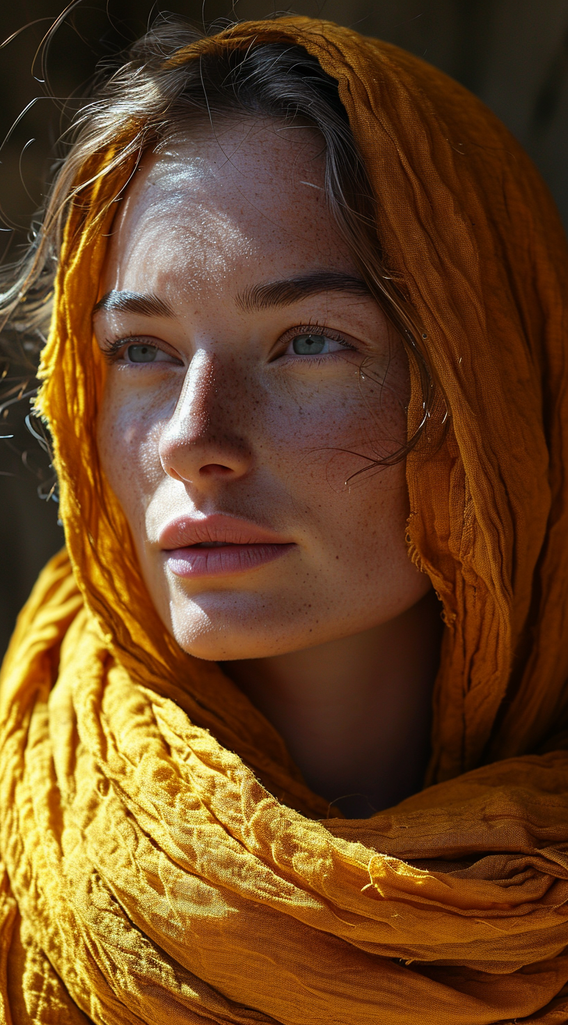AI generated: Midjourney prompt: a woman wearing a yellow scarf, in the style of bi... (Midjourney - Photography)