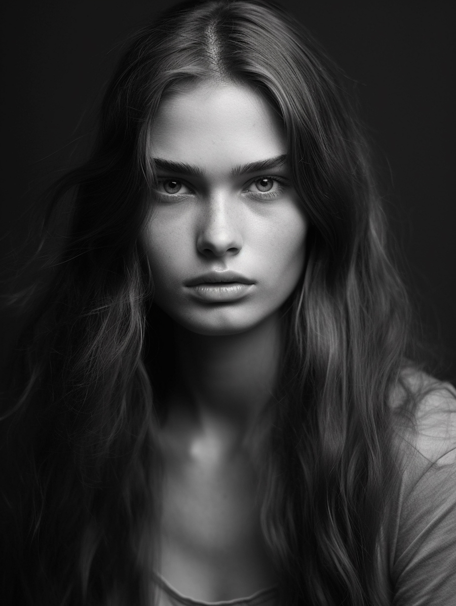 Midjourney prompt: a black and white photo of a woman with long hair,... - Midjourney