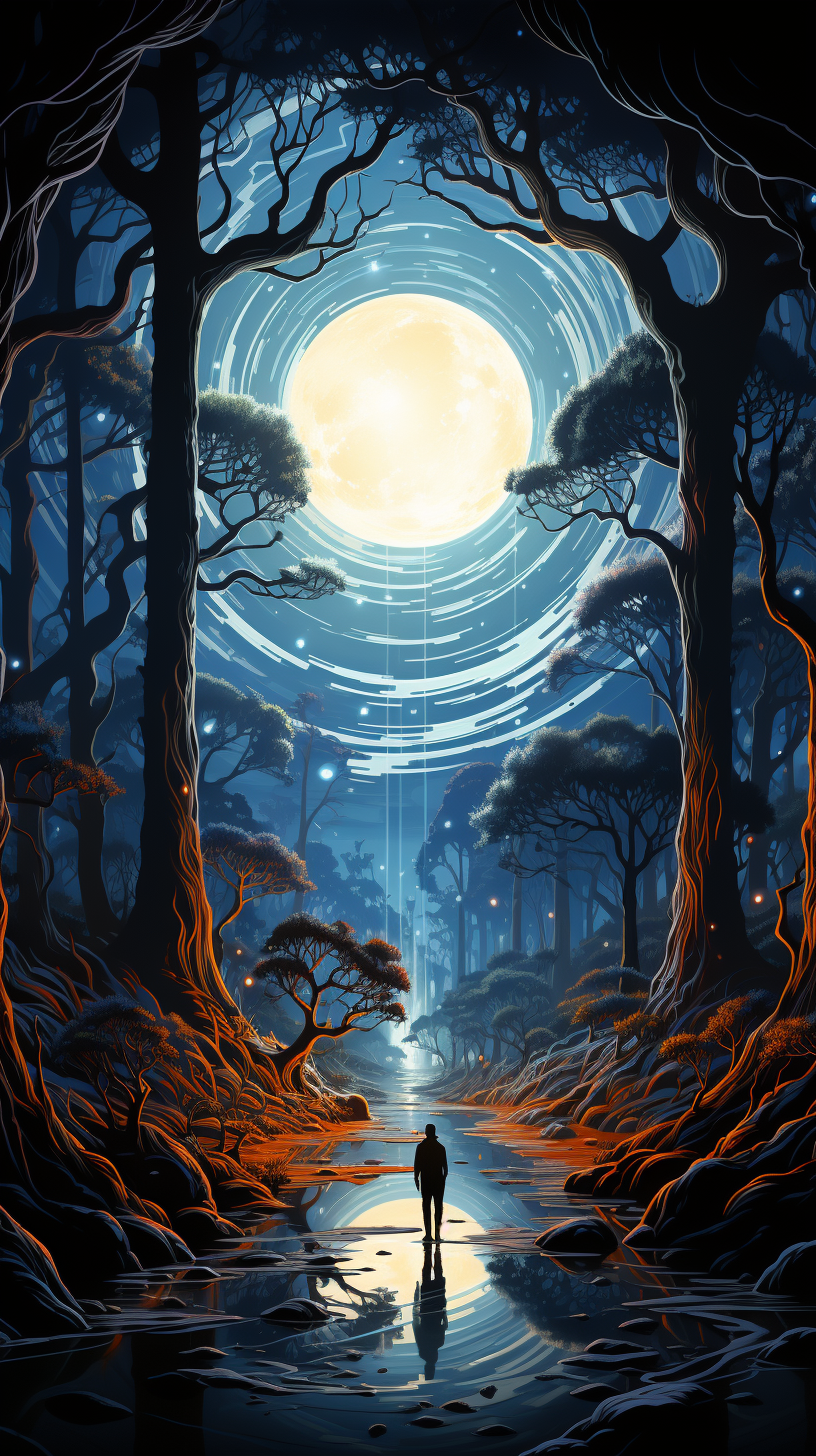صورة مولدة بالذكاء الاصطناعي: Midjourney prompt: an image of a forest with a tree and a wraith in t... (نموذج Midjourney - فن مفاهيمي)