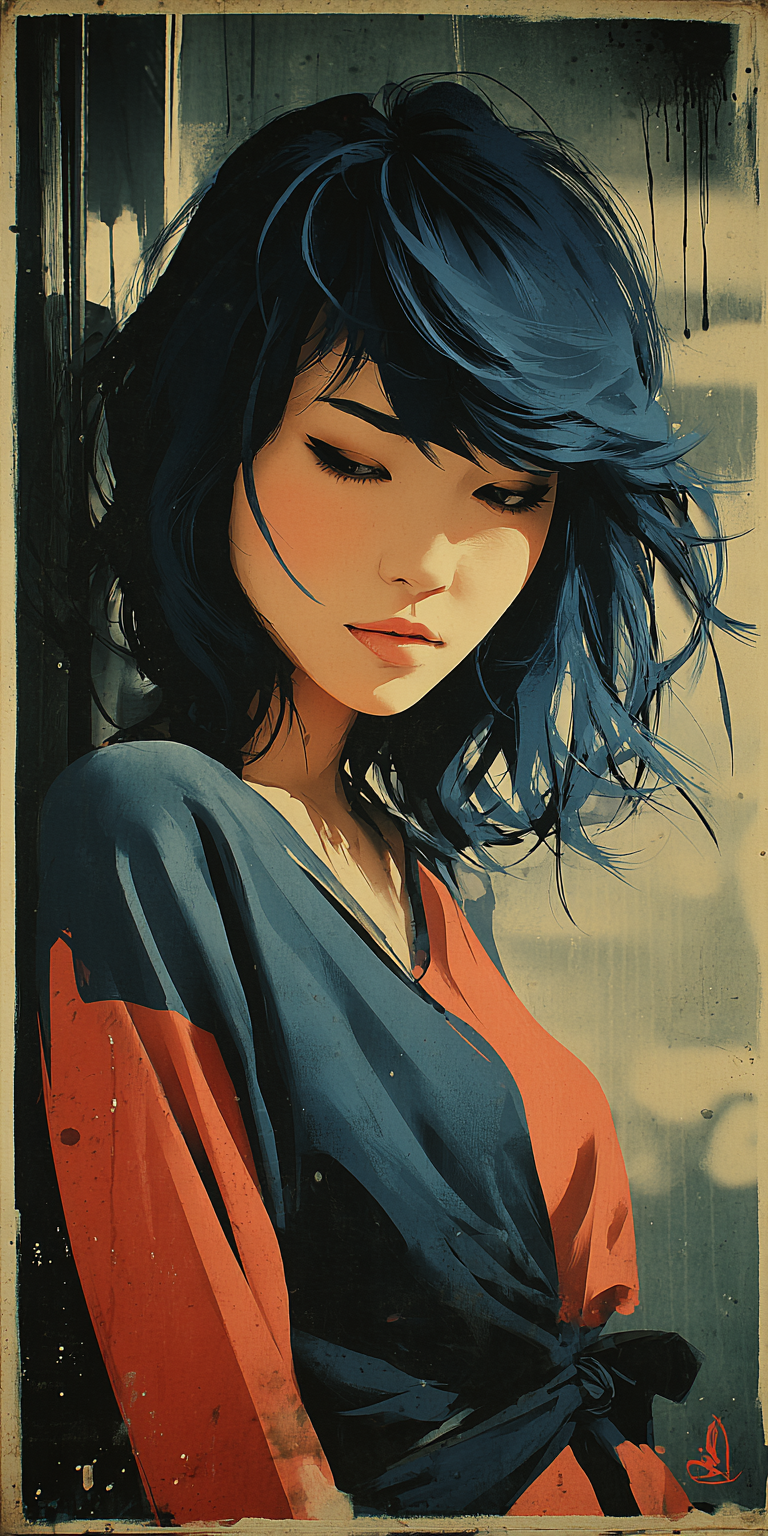 صورة مولدة بالذكاء الاصطناعي: Midjourney prompt: a girl with blue hair with eyes closed, in the sty... (نموذج Midjourney - صور شخصية)