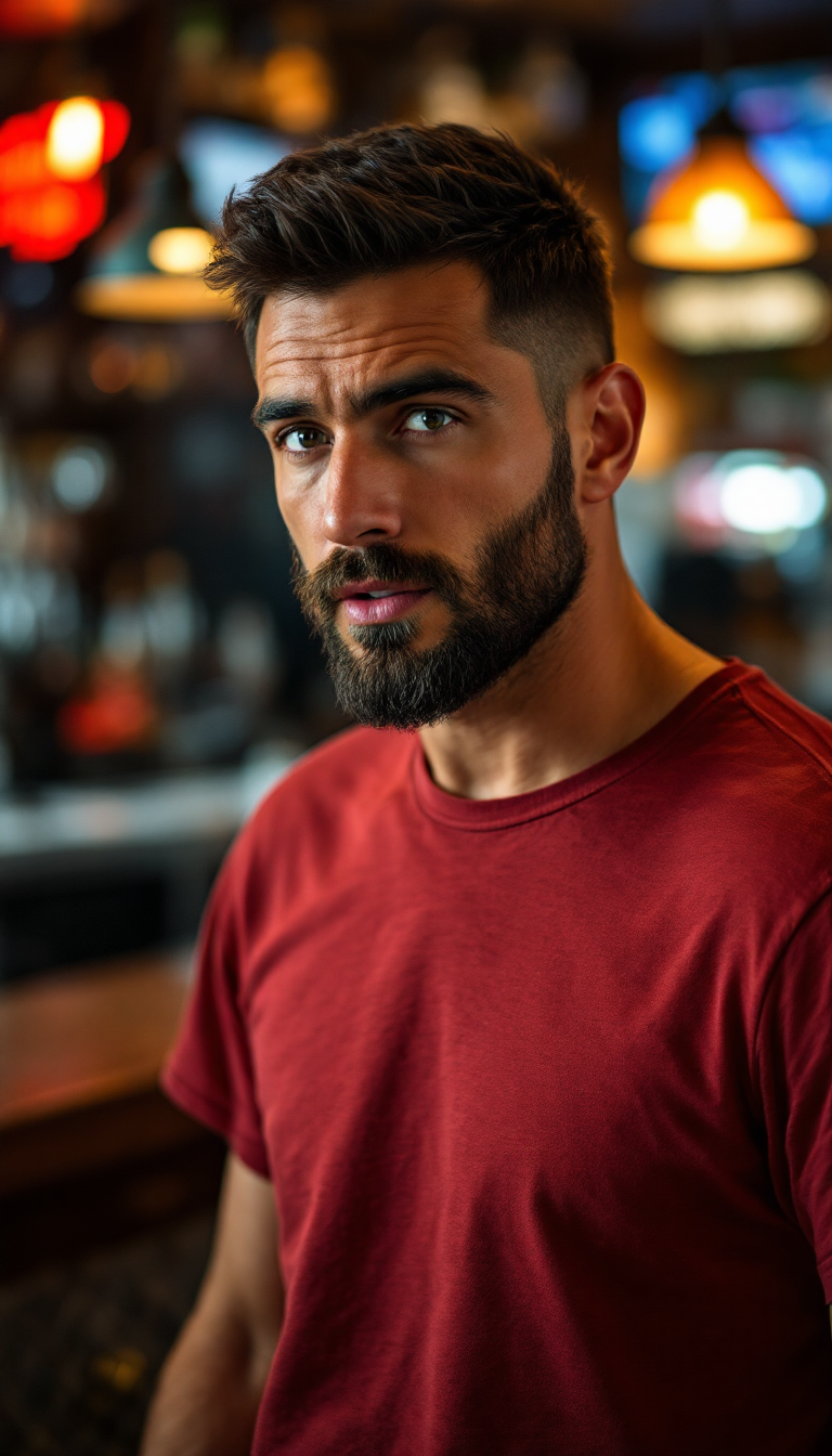 FLUX prompt: realistic photo of a man, short burst-taper dark h... - FLUX