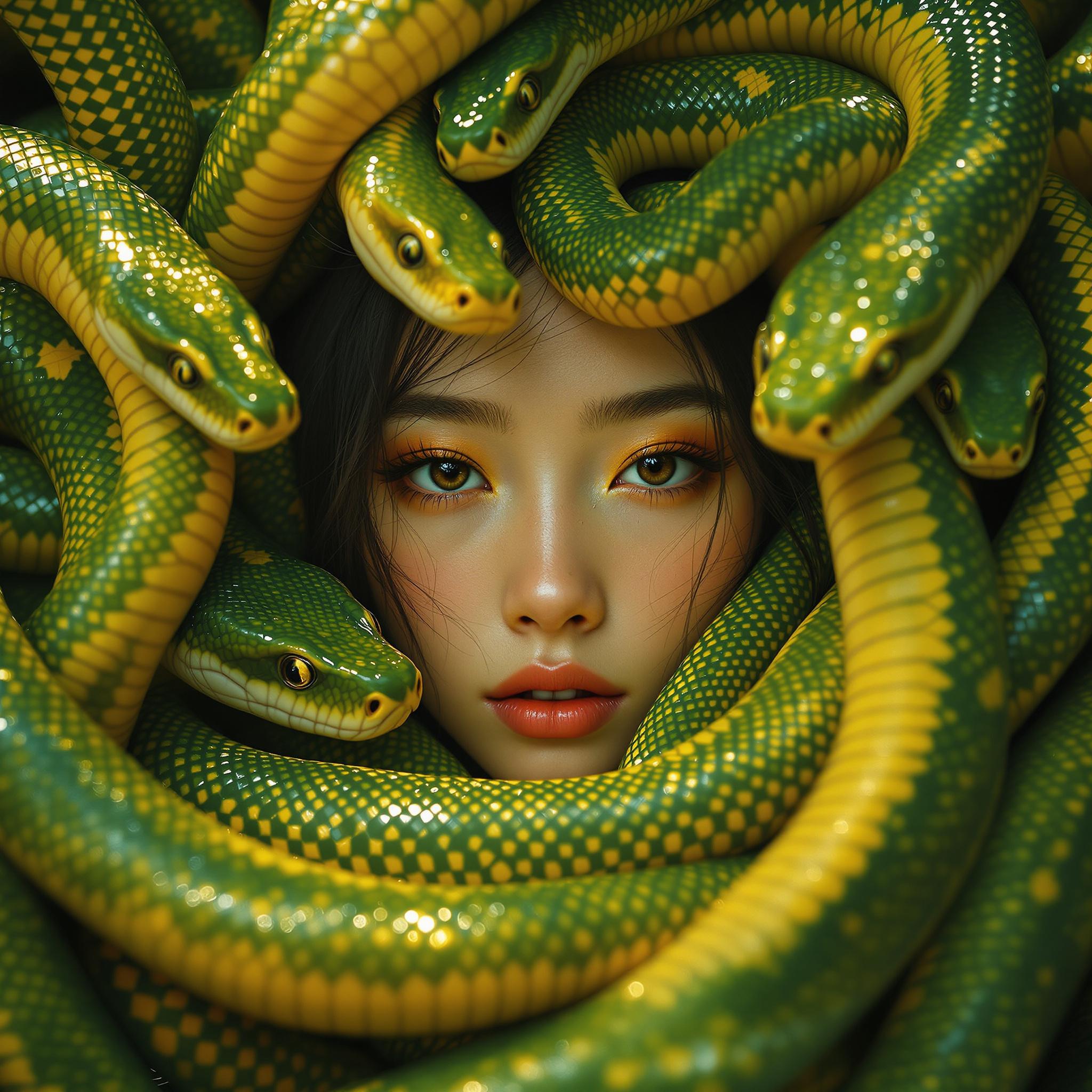 FLUX prompt: a girl's face in the middle of many green and yell... - FLUX