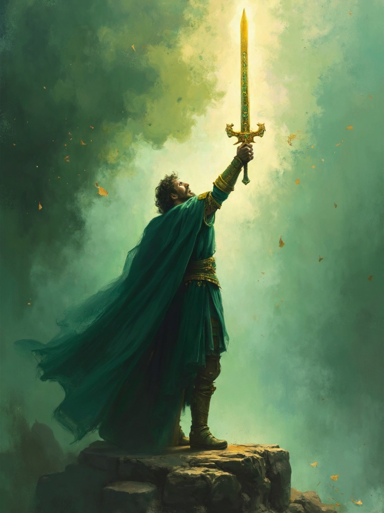 صورة مولدة بالذكاء الاصطناعي: FLUX prompt: An abstract, surreal painting of King Arthur, his ... (نموذج FLUX - Character Design)