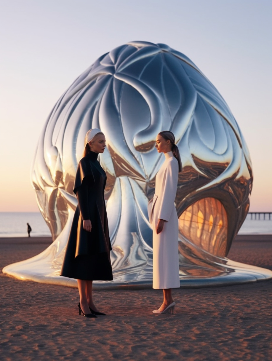 AI generated: Midjourney prompt: a couple of women standing next to each other on a... (Midjourney - Fashion)