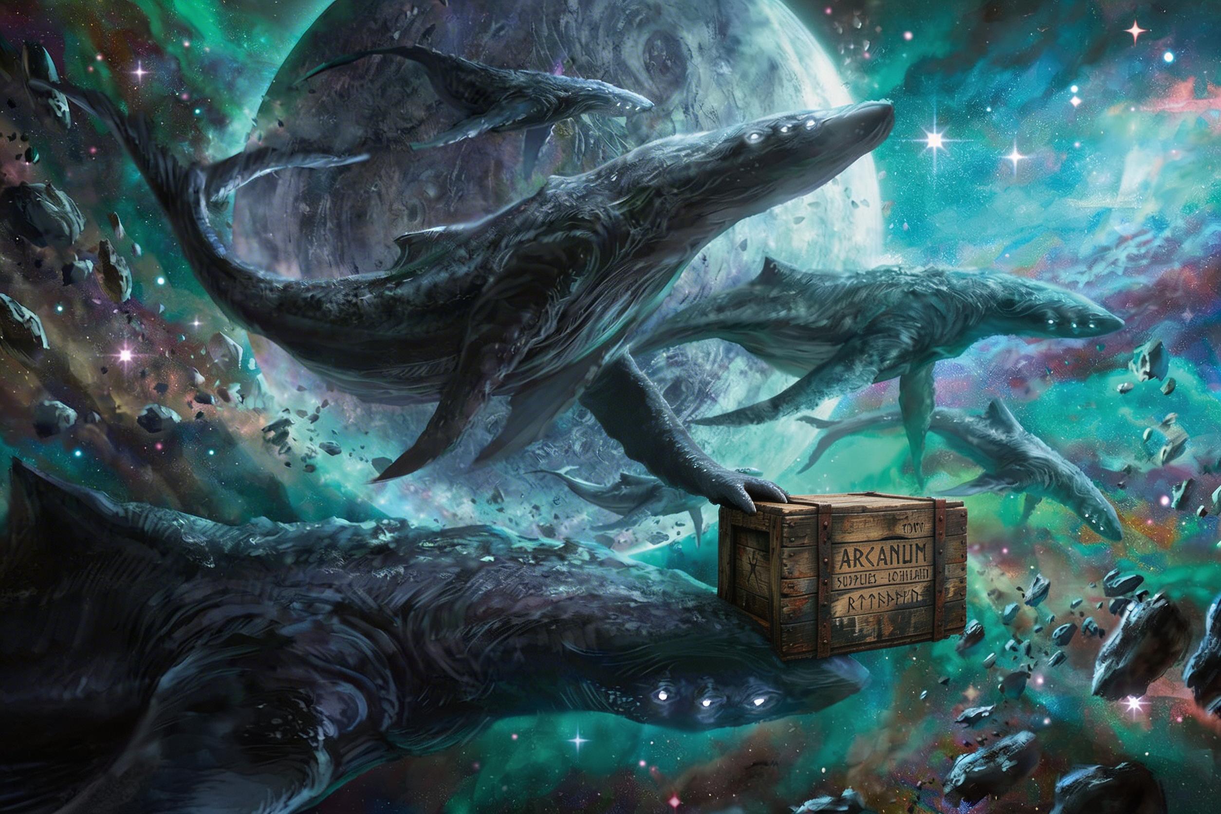 AI generated: Seedream 5 prompt: fantasy astral whales nudging a tiny crate floatin... (Seedream 5 - Landscapes)