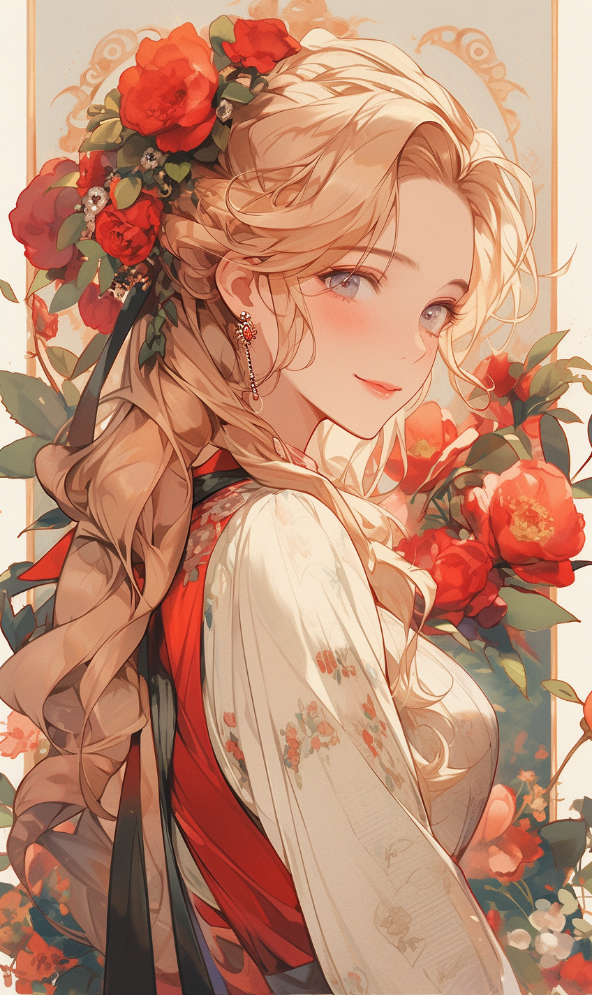 Midjourney prompt: anime portrait wallpaper, in the style of art nouv... - Midjourney