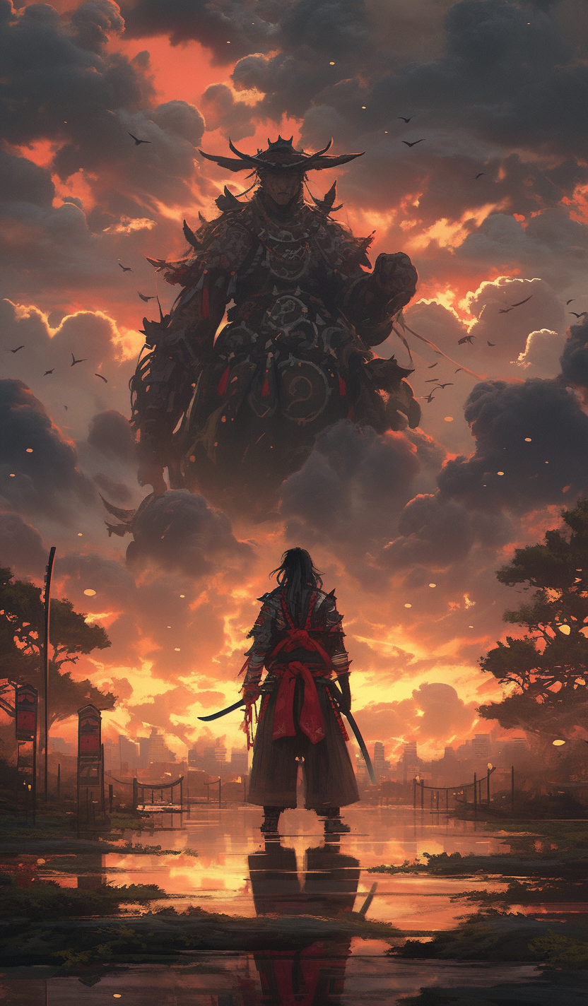 AI generated: Midjourney prompt: Samurai stands at sunset in japan and looks into t... (Midjourney - Anime)