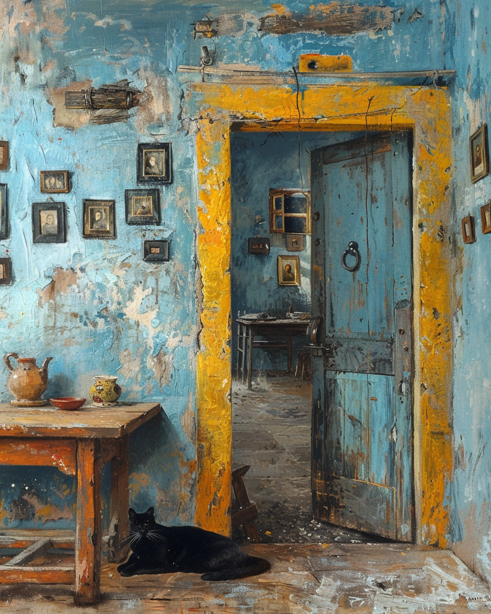AI generated: Midjourney prompt: A painting of an old, shabby room with pastel blue... (Midjourney - Concept Art)