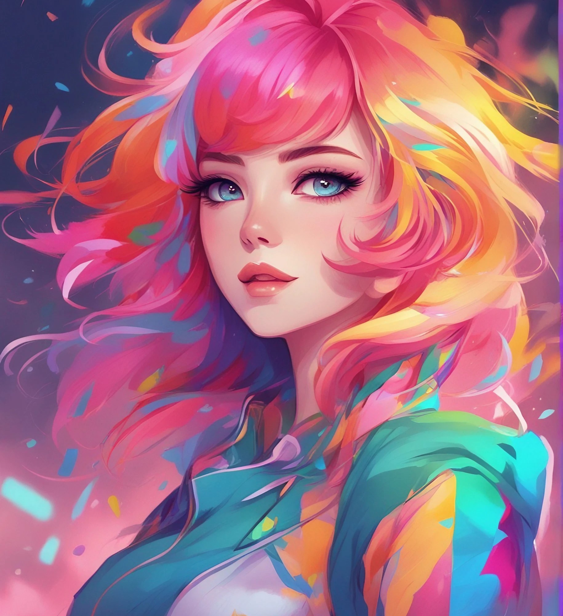 AI generated: Midjourney prompt: a drawing of a woman with colorful hair, rossdraws... (Midjourney - Portraits)
