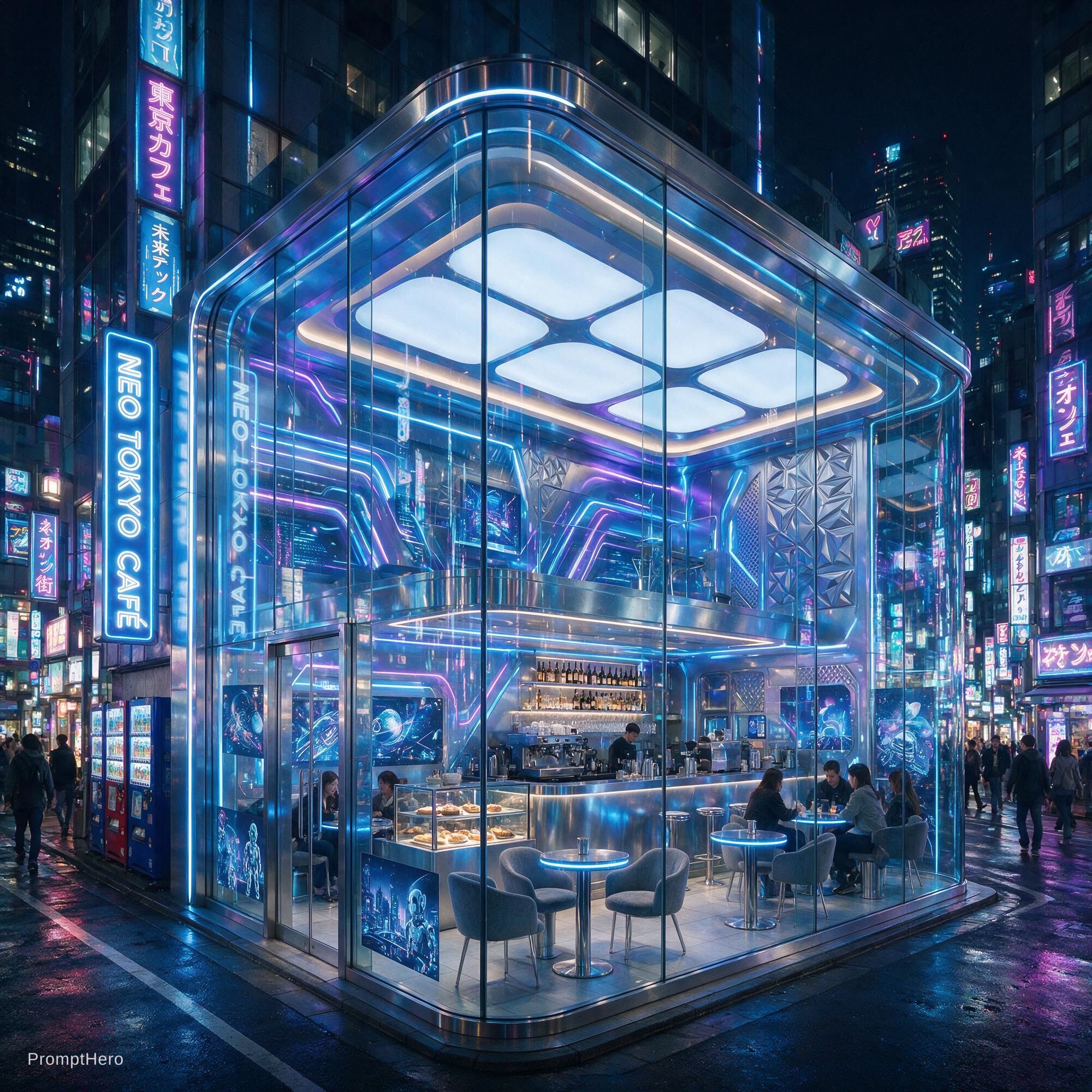 صورة مولدة بالذكاء الاصطناعي: Seedream 5 prompt: A futuristic café in Tokyo at night. (نموذج Seedream 5 - فن مفاهيمي)
