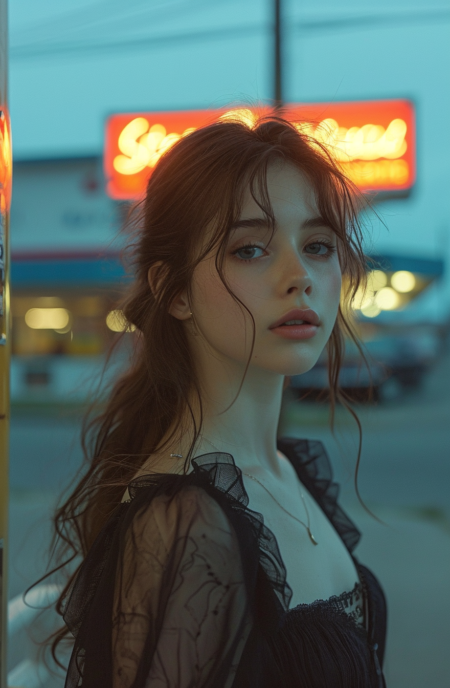 Midjourney prompt: a girl with long hair standing outside a gas stati... - Midjourney