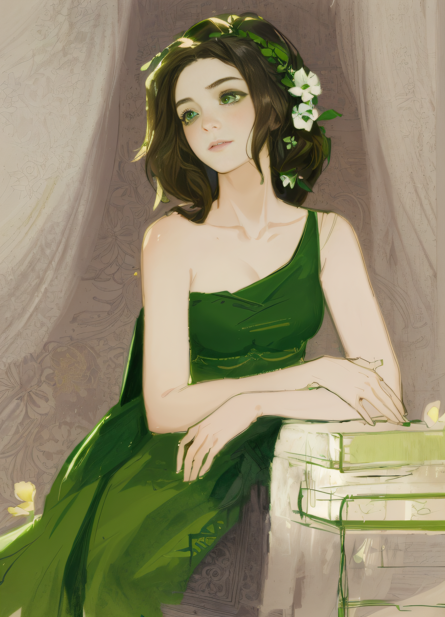 DreamShaper prompt: a drawing of a woman in a green dress...