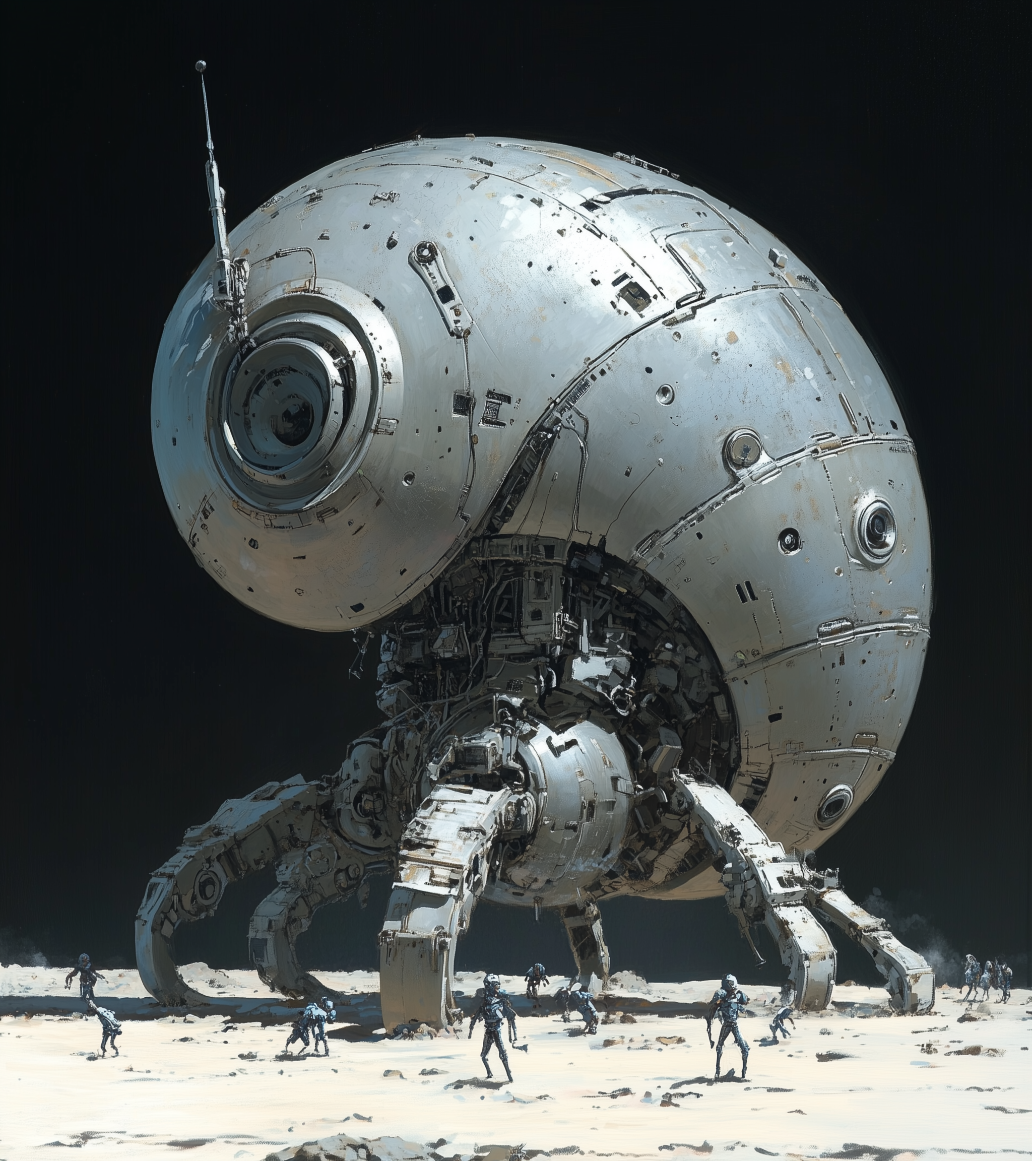 صورة مولدة بالذكاء الاصطناعي: Midjourney prompt: A giant robotic snail eating tiny robot people, fa... (نموذج Midjourney - Character Design)