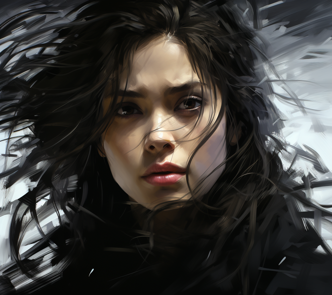 صورة مولدة بالذكاء الاصطناعي: Midjourney prompt: the woman in black and white with long hair, in th... (نموذج Midjourney - صور شخصية)